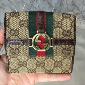 AUTHENTIC GUCCI INTERLOCKING G MONOGRAM LOGO SHERRY RACIBG STRIPE BIFOLD WALLET